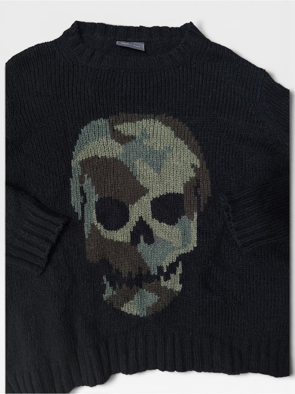 Wooden Ships Mohair Blend Camo Skull Crew Chunky Knit Sweater S/M - Picture 2 of 5
